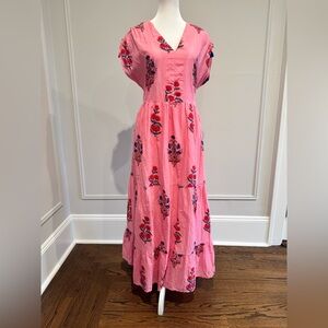 Oliphant Pink and Red Block Print Dress with ties at shoulders